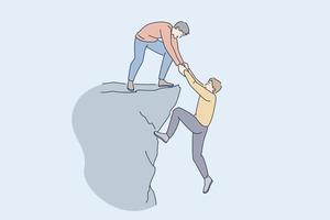 Helping hand and assistance concept. Young man standing on peak of rock giving hand to help his friend to climb up assisting working as team vector illustration