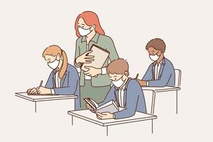 Education and learning during quarantine concept. Group of pupils and young woman teacher in protective medical masks during lesson in classroom vector illustration