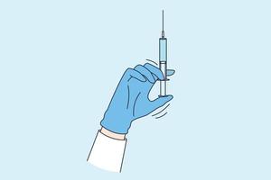 Making injection and vaccination concept. Hand of doctor in blue protective medical glove golding syringe before making vaccination or injection vector illustration