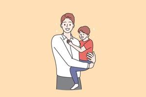 Happy fathers day and childhood concept. Smiling positive man parent dad standing and holding his smiling son child on hands vector illustration