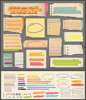Notebook paper objects with highlight elements