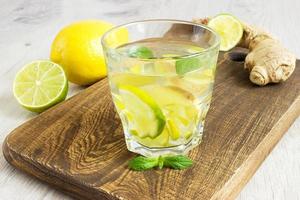 Organic Ginger Ale Soda in a Glass with Lemon and Lime photo