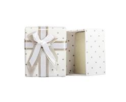 White empty gift box with small circles gray fabric tape with gray tie.Isolated white. photo