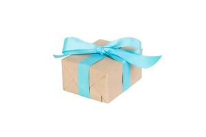 Gift box with blue ribbon isolated on white background. holiday concept you you design. perspective view photo