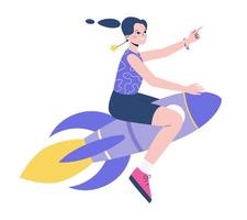 The concept of growth, learning, moving forward, or self-development. Woman flies on the rocket and shows the upward direction. Flat vector illustration.