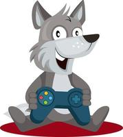 Wolf with gamepad, illustration, vector on white background.