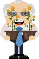 Old man holding flowers, illustration, vector on white background.