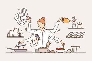 concepto de multitarea y gestión del tiempo. joven mujer sonriente con seis brazos realizando muchas tareas simultáneamente en la ilustración de vector de cocina