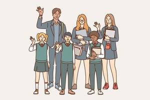 Education, learning and knowledge concept. Group of young smiling students pupils standing waving hands holding books and tablets showing excitement vector illustration