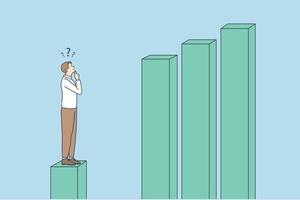 Business development and statistics concept. Young thinking frustrated businessman standing on statistics cube touching chin looking at growing cubes ahead vector illustration