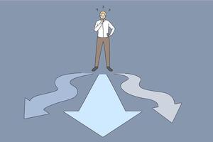 Business choice and opportunities concept. Young businessman worker standing on crossroads with ways on different sides feeling doubt frustrated which way to choose vector illustration