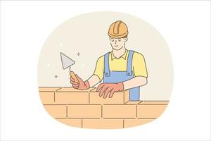 Builder man during work concept. Young man worker builder in helmet and uniform standing building wall with tools and bricks vector illustration