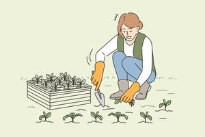 Agriculture, farming, growing plants concept. Young smiling woman farmer sitting growing plants with shovel taking care of plants vector illustration