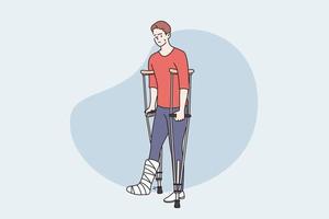 Disability and health problem concept. Young Disabled person man standing with crutches, having gypsum bandage with fracture vector illustration