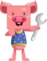 Pig with wrench, illustration, vector on white background.