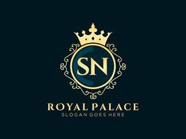 Letter SN Antique royal luxury victorian logo with ornamental frame. vector