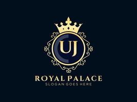 Letter UJ Antique royal luxury victorian logo with ornamental frame. vector