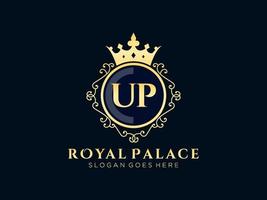 Letter UP Antique royal luxury victorian logo with ornamental frame. vector