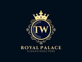 Letter TW Antique royal luxury victorian logo with ornamental frame. vector