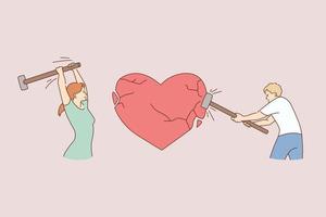 Problems in relations, conflict, break up concept. Young furious couple hitting huge red heart with hammers bitting relationships splitting up vector illustration