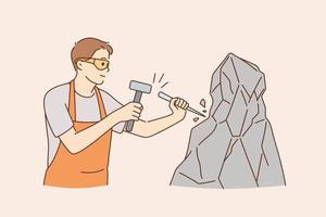 Working as stonecutter with tools concept. Young positive man stonecutter using hammer and stick to work with rock stone concrete wearing glasses and apron vector illustration