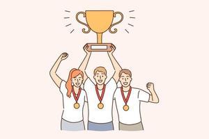Teamwork, success, collaboration and winning concept. Group of young smiling happy people team standing in medals on necks holding golden trophy in hands vector illustration