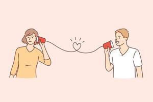 Happy Valentines day holiday concept. Happy smiling young cute couple calling card on paper phone listening and talking communicating vector illustration