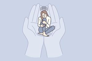 Depression, grief and support concept. Young sad depressed girl cartoon character sitting in human hands palms embracing holding her vector illustration