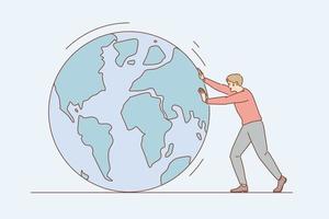 Environmental conversation and save earth concept. Young man cartoon character pulling planet earth with hands rolling it towards alone vector illustration