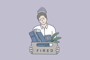 Feeling sad of being fired concept. Young man worker standing feeling stressed being fired holding box with belongings vector illustration