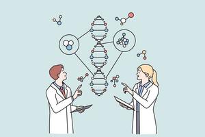 Laboratory research and genetic engineering concept. Young scientists woman and man cartoon characters standing communicating about science research in flask together vector illustration