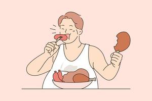 Over eating and unhealthy diet concept. Fat man sitting eating sausages meat with appetite overeating living unhealthy lifestyle vector illustration