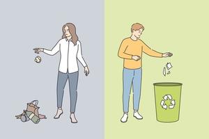 Littering behaviour and sustainable lifestyle concept. Infographic examples of correct and wrong examples of throwing out garbage to trash and grass vector illustration