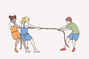 Happy playful childhood leisure concept. Group of children kids friends standing playing rope together trying to win outdoors vector illustration