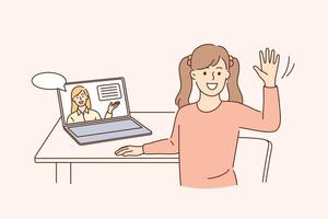 Online education and elearning concept. Happy cute little kid girl sitting at laptop waving hand doing home school with computer laptop e-learning and course vector illustration