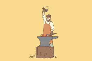 Work and tools of blacksmith concept. Young man blacksmith cartoon character with beard in apron standing working with hot iron vector illustration