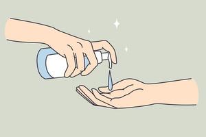 Hand sanitizer and cleaning concept. Human hands pulling soap or sanitizer for hygiene one to another vector illustration