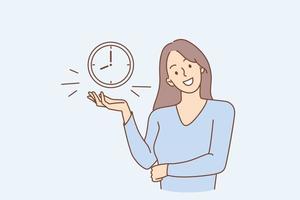 Successful time management and alarm concept. Young smiling woman cartoon character standing showing alarm clock with eight hours time on it vector illustration