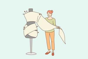 Dressmaking and fashion design concept. Young smiling woman cartoon character standing holding textile for making sewing dress or costume vector illustration