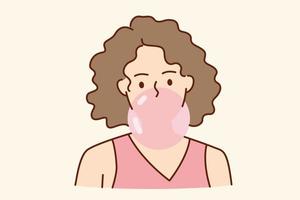 Chewing bubble gum bubbles concept. Young female blowing huge pink bubble of gum having fun vector illustration