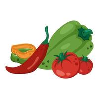 Composition of whole red, green, yellow peppers, chilli and tomatos. Fresh ripe vegetables. Ingredients for ketchup. Tasty spicy food. Vector illustration for healthy lifestyle