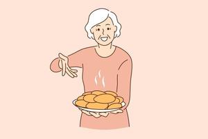 Treatment from grandmother and food concept. Smiling happy elderly woman Grandmother holding plate full of freshly baked pies cakes vector illustration