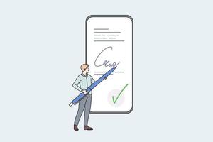 Electronic signature and technologies concept. Small man standing holding big pen in his hands making signature signing paper online on smartphone screen vector illustration