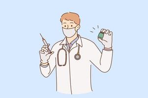 Vaccination, doctor and medicine concept. Young smiling man doctor in medical mask and uniform standing holding syringe ready to make injection vector illustration