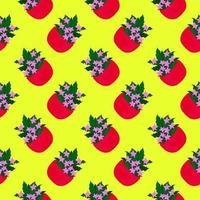 Flowers in a red cup,seamless pattern on yellow background. vector
