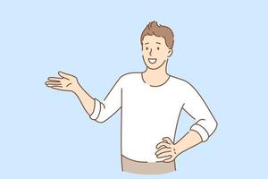 Hand language and gesticulating concept. Young smiling man cartoon character standing gesticulating pointing aside with hand vector illustration