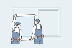 Repairing and reconstruction at home concept. Two men workers in uniform standing changing window for plastic one at home or office working vector illustration