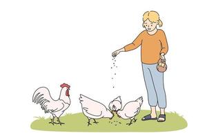 Farming, agriculture, feeding animals concept. Smiling girl cartoon character standing and feeding chicken hens with seeds from hand on grass vector illustration