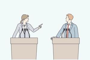 Politics debates and arguing concept. Young angry man and woman politicians standing at speakers tribunes arguing fighting with each other vector illustration