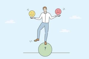 Multitasking and cheering business concept. Young smiling businessman standing on roll circle shape balancing holding positive and negative emoji in hands vector illustration